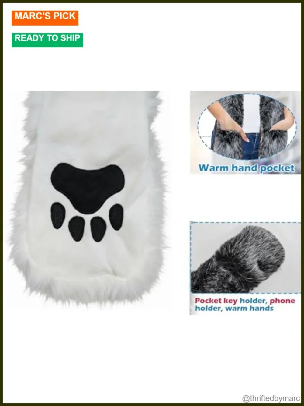 Wolf Faux Fur Hood 3-in-1 Scarf Hat and Mittens with Ears Paws Winter Costume